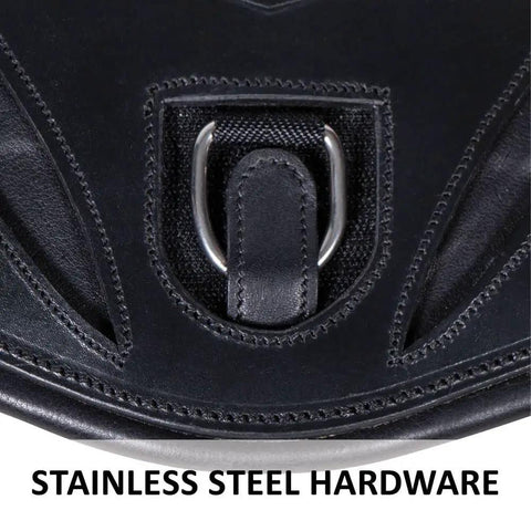 Close-up of Pinnacle Anatomic Shoulder Dressage Girth with stainless steel hardware, premium Argentine leather, black, Size 24.