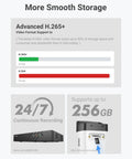 Infographic showing H.265+ video format benefits, 24/7 recording, and 256GB support for 3K PoE Outdoor Security Camera With Mic Audio.