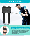 Golf Swing Trainer Arm Brace For Elbow Posture Correction Adjustable Swing Alignment Aid diagram on sizing and usage