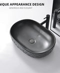 Matte Black Oval Vessel Sink 23.5 By 15.7 Inches, Ceramic Countertop Bathroom Basin With Pop Up Drain, Modern Sleek Design