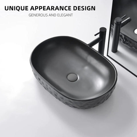 Matte Black Oval Vessel Sink 23.5 By 15.7 Inches, Ceramic Countertop Bathroom Basin With Pop Up Drain, Modern Sleek Design