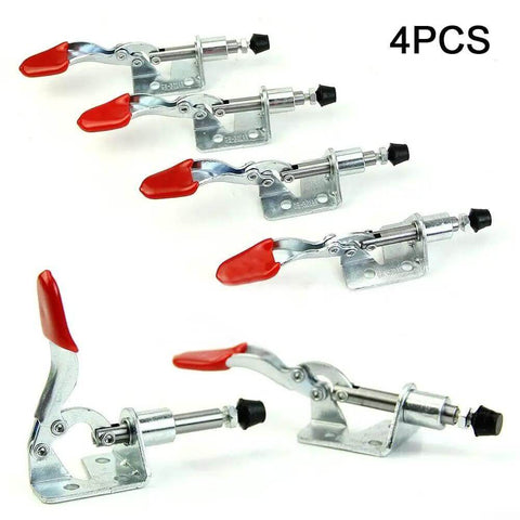 Four Pack Vertical Toggle Clamp Set With Red PVC Handle For Sheet Metal Welding And Electronic Assembly Lightweight Quick Release Hand Tools Secure Locking Plunger Great Grip For DIY Projects Silver