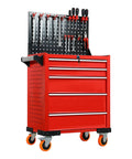 Rolling Tool Cabinet With Lock For Workshop And Garage, Five Drawer Garage Chest On Wheels For Mobile Tool Storage, Heavy Duty Organizer For Warehouse And Shop, Durable Cold Rolled Steel Body In Red, front view