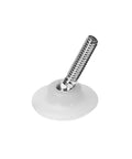 Premium Adjustable Swivel Furniture Levelers 1/4-20 Thread Top Shelf Durable High Density Polyethylene Base 4 Pack Crisp White Round Glides close-up view of single leveler with silver screw.