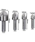 Front view of four Amazon HSS chamfer end mills (120°) with straight shanks; diameters 30, 20, 16, and 12.5 mm.