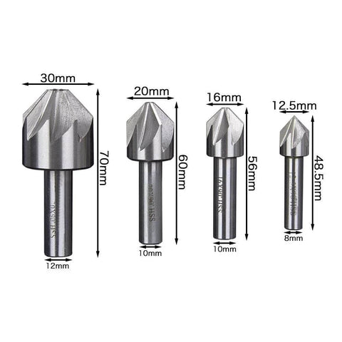 Front view of four Amazon HSS chamfer end mills (120°) with straight shanks; diameters 30, 20, 16, and 12.5 mm.