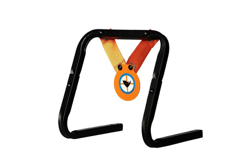Mini Gong Steel Shooting Target For.22 Caliber With Stand featuring orange gong and adjustable steel frame for backyard practice.