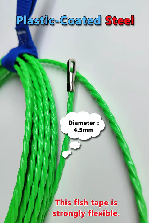 Close-up of Professional 32 Ft Fish Tape Wire Snake, 4.5mm diameter, plastic-coated steel, flexible for electrical installations.