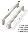 2 Pack 8 Inch Hole Center Brushed Satin Nickel Cabinet Pulls Heavy Duty Solid Metal Hardware shown with size dimensions and features.