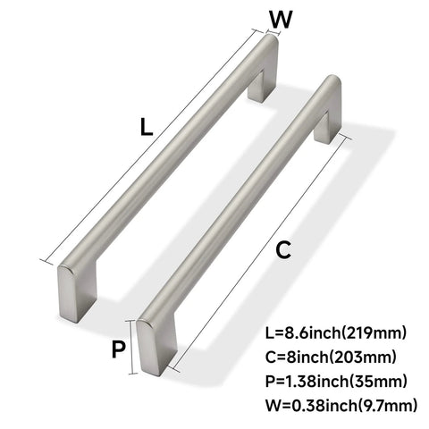 2 Pack 8 Inch Hole Center Brushed Satin Nickel Cabinet Pulls Heavy Duty Solid Metal Hardware shown with size dimensions and features.