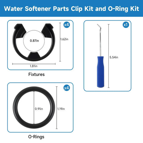 Water Softener Clip Kit For GE Kenmore Whirlpool Morton Systems Fits WHES30 M34 MSD27 detailed view with clips and o-rings