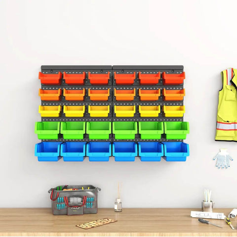 All In One Wall Mounted Storage Bins Kit For Tools And Hardware With Pegboard Organizer Rack And 30 Bins In Five Color Parts