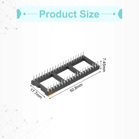 Product dimensions of 12 Pack DIP IC Socket Adapter Kit for Breadboards and PCB Projects shown with 40 pin round DIP sockets.