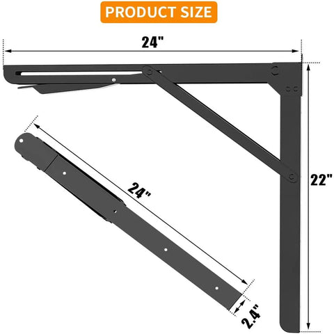 Heavy Duty 24 Inch Folding Shelf Brackets Wall Mounted Triangle Hinges with dimensions for shelves and workbenches