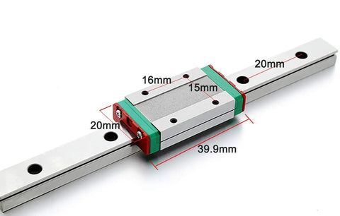 Close-up of MGN9 50Mm Linear Guide Rail And MGN9H Block Bearing Set for 3D printers and CNC machines, dimensions marked in millimeters.