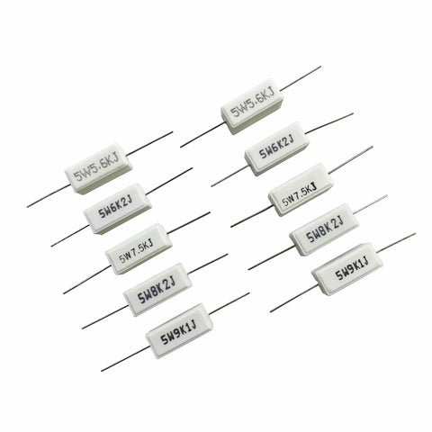 Ceramic Cement Resistor Kit 5W Power Resistors 60 Pieces 30 Values From 100 Ohm To 30K Ohm Ideal For DIYers And Tinkerers. Display of multiple ceramic resistors with visible values