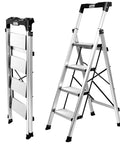 Aluminum Folding Ladder With Retractable Handgrip And Anti Slip Pedals For Kitchen Garage And Home Easy Fold Space Saving Sturdy Portable 330 Pound Capacity 4 Step Design, folded and open view