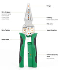 Front view of Heavy Duty 18 In 1 Wire Stripper Tool With Voltage Tester And Crimper All In One Cable Cutter Lineman Pliers 1-4 mm2 Stripping Range 12-250V AC DC Electrician Ready For Quick No Fuss Wiring with labeled functions.