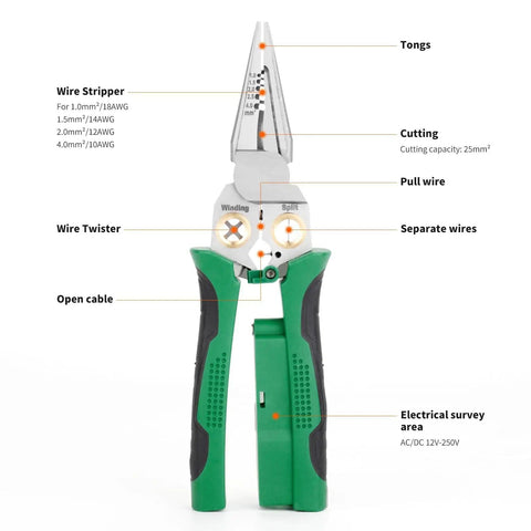Front view of Heavy Duty 18 In 1 Wire Stripper Tool With Voltage Tester And Crimper All In One Cable Cutter Lineman Pliers 1-4 mm2 Stripping Range 12-250V AC DC Electrician Ready For Quick No Fuss Wiring with labeled functions.
