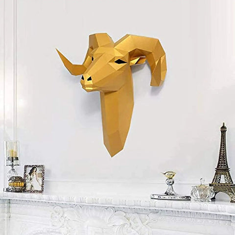 Golden geometric ram head wall decor, art piece with 3D design, modern home decor accent, stylish wall mounted sculpture.