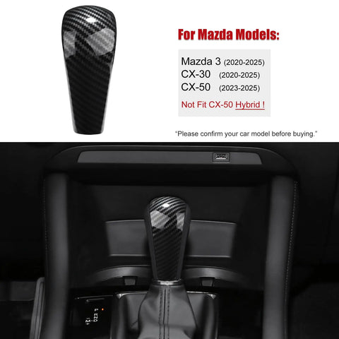 Mazda 3 And CX-30 CX-50 Gear Shift Knob Cover Dope Carbon Fiber Style, shown installed in Mazda interior, not for CX-50 Hybrid