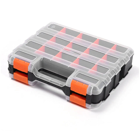 Heavy Duty Parts Storage Box With Removable Grid Compartments For Easy Tool Organization, Pro Grade PP Case, Double-Sided 32x27x8