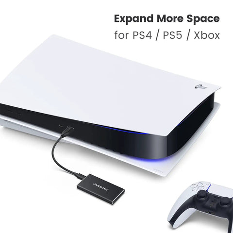 500GB Portable External SSD USB 3.1 Gen2 Drive With Metal Casing connected to gaming console for expanded storage