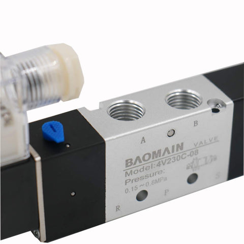 Close-up of Pneumatic Solenoid Valve 4V230C-08 24V DC Internally Piloted, 5 Way 3 Position, PT1/4 Inlet Outlet Exhaust PT1/8, Normally Closed