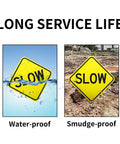 Two Pack Dang Tough Slow Warning Signs Measuring Twelve Inches Square Cut From Heavy Duty Rust Free Aluminum Featuring Vivid Reflective Sheets And Top Shelf Fade Guard Paint For Sure Fire Night Visibility, showing waterproof and smudge-proof features.