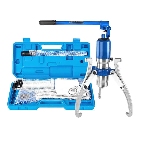 Heavy Duty Hydraulic Gear Puller Kit with blue carrying case, featuring adjustable two or three jaw heads for removing stubborn bearings.
