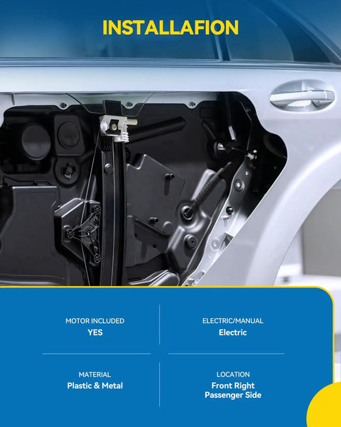 Front Left Driver Side Power Window Regulator And Motor Assembly For 2010 2014 Subaru Outback and Legacy installed view showing electric mechanism and parts.