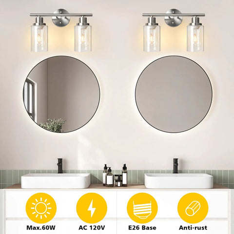 Two Light Vanity Lights Brushed Nickel Wall Sconce With Clear Glass Shade For Modern Bathroom Lighting Above Mirrors