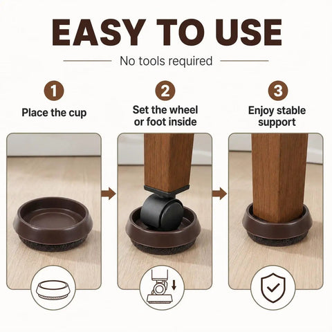 Steps for using 10 Pack Furniture Caster Cups With Plush Felt Bottom Anti Skid Floor Savers Grippy Wheel Guards.