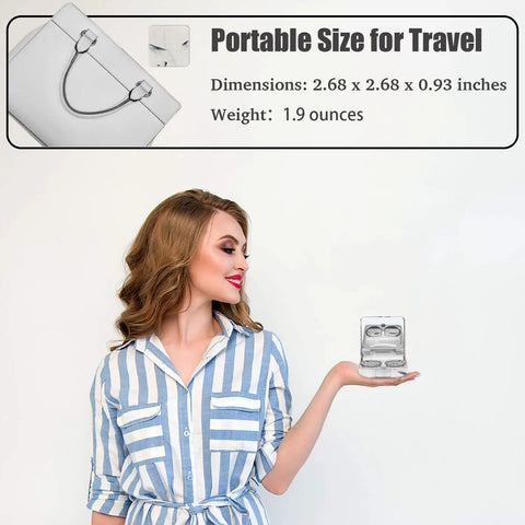 Woman holding Portable Square Contact Lens Case Kit With Remover Tool And Applicator Mirror And Solution Bottle for travel