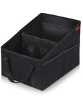 Black fabric backseat car organizer for front and rear seats with handle, part of Backseat Car Organizer For Front And Rear Seats Collapsible Storage With Cup Holders Universal Fit For Cars Trucks And SUVs Keeps Kids Toys Snacks And Accessories Neat And Within Reach.