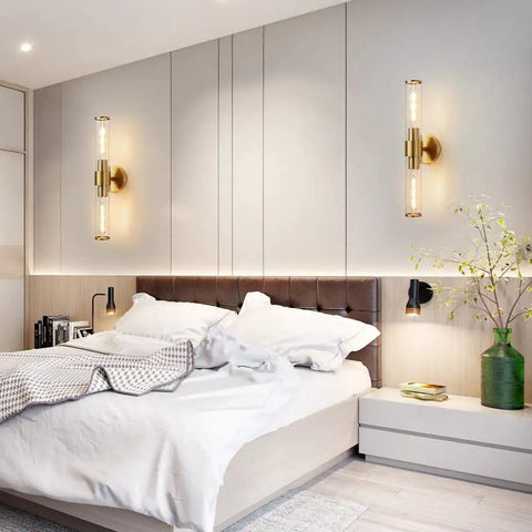 Gold Wall Sconce With Clear Glass, Modern Vanity Lighting Up And Down Indoor Wall Lights for bedroom, metal frame shown.