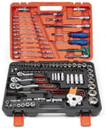 Workhorse 121 Piece Drive Socket Set With 1/4 Inch 3/8 Inch 1/2 Inch Sockets 72-Tooth Quick Release Reversible Ratchet in case