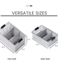 Pro Pack Heavy Duty Stackable Storage Bins Set With Lids And Dividers shown in two full-size and one half-size crates