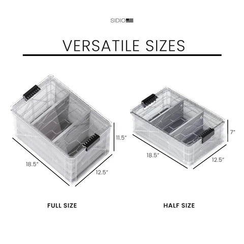 Pro Pack Heavy Duty Stackable Storage Bins Set With Lids And Dividers shown in two full-size and one half-size crates