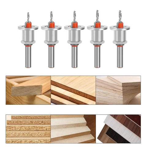 Super Versatile 5Pcs Adjustable Depth Stop Countersink Drill Bits for smooth board install jobs, made from high hardness alloy steel.