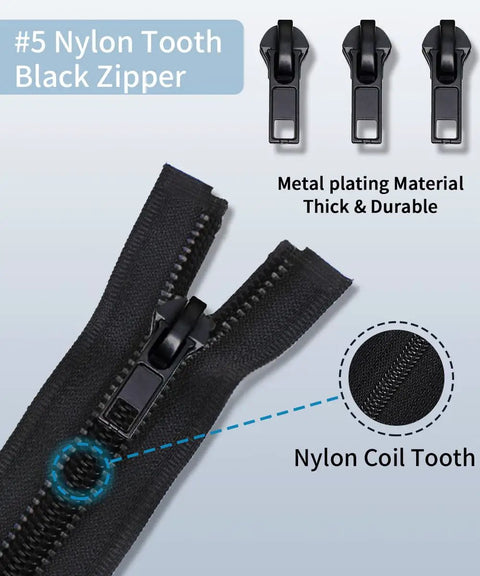 Close-up of Zipper Repair Kit 52 Pieces Universal Five Zipper Replacement Slider Kit showing nylon coil and metal zip sliders.