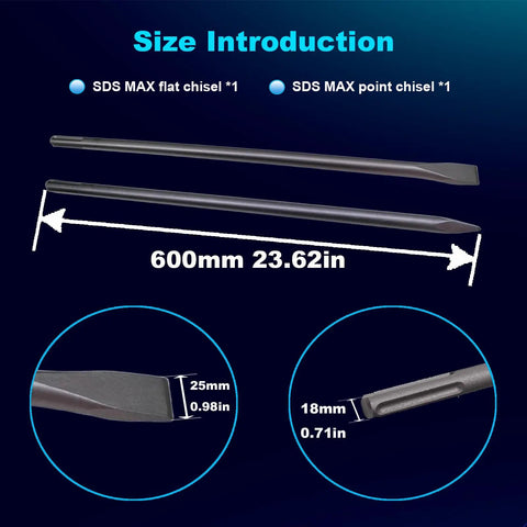 24 Inch SDS Max Set With 1 Inch Flat Chisel And Point Chisel For Concrete Demolition And Tile Removal Heavy Duty Attachment