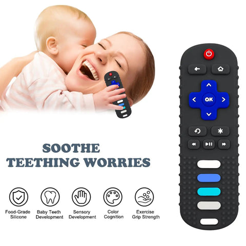 TV Remote Shaped Silicone Teething Toy For Babies 3 to 18 Months BPA Free Refrigerator Safe displayed with mom and baby