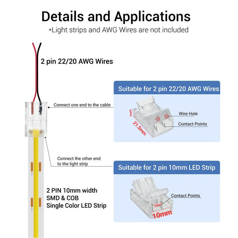 Top Shelf 10mm Cob Led Strip Connector Clips Two Pin Solderless Wire Adapter Terminal Extender For 5V 12V 24V Single Color Lights zero sweat setup showing connection details.
