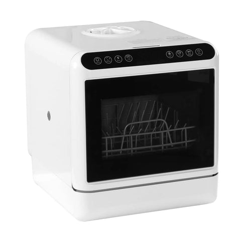 Mini Countertop Dishwasher Features No Muss No Fuss Hookup Dual Spray Arms Renters Approved For Tiny Digs with black control panel.