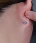 Nailed It 20G Titanium Screw Back Earrings For Sensitive Ears Men Women, close-up view on ear with a smooth silver-tone finish.