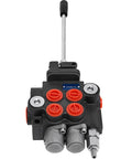 Front view of two-spool hydraulic joystick control valve with red port caps, steel body