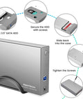 Beefy Aluminum 3.5 Inch Hard Drive Enclosure With Hassle Free USB 3.0 To Sata Docking showing installation steps for HDD.
