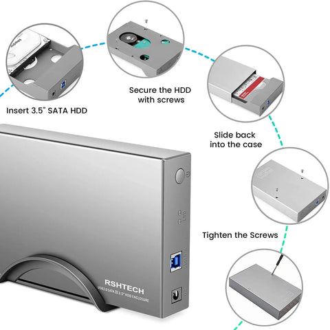 Beefy Aluminum 3.5 Inch Hard Drive Enclosure With Hassle Free USB 3.0 To Sata Docking showing installation steps for HDD.