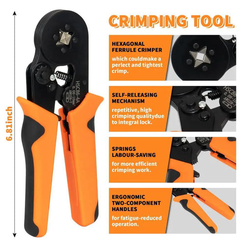 Top Notch Square Ferrule Crimper Kit With 2000 Wire Connectors AWG 28-7 Heavy Duty Connector Tool For Electrician Pros Doing Wiring Jobs Fast And Reliable. orange-handled ferrule crimper with hex jaws, 6.81-inch length